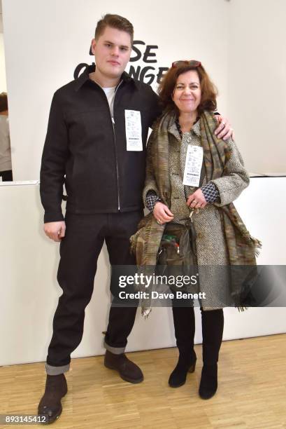 Joe Sweeney and guest attend a private view of artist Joe Sweeney's new exhibition "Loose Change" at The Cob Gallery on December 14, 2017 in London,...