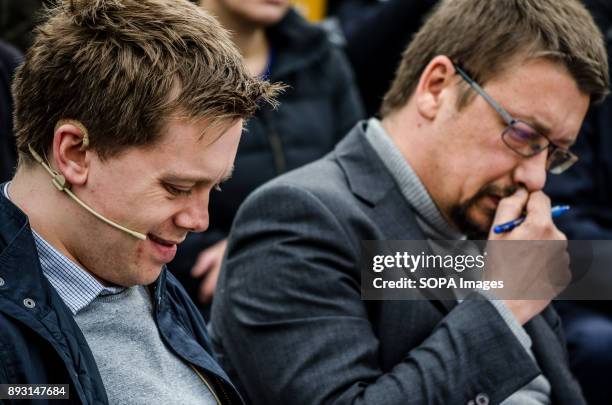 Owens Jones and Xavier Domènech seen hearing interventions during the rally of Catalunya in Comu-Podem in Barcelona.Equidistant from the...