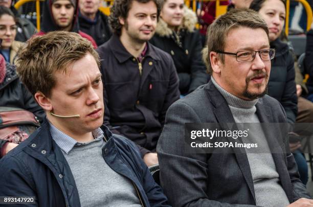 Owens Jones and Xavier Domènech seen hearing interventions during the rally of Catalunya in Comu-Podem in Barcelona.Equidistant from the...