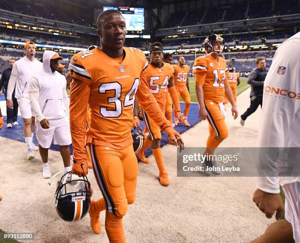 Denver Broncos defensive back Will Parks comes off the field after warmups prior to the game against the Indianapolis Colts on December 14, 2017 in...