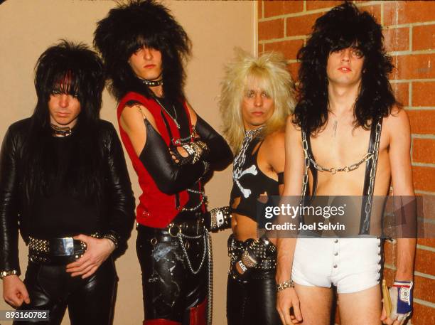 April 19, 1982 - Motley Crue, in the band's second visit to the city, poses backstage April 19, 1982 at the Old Waldorf in San Francisco. Left to...