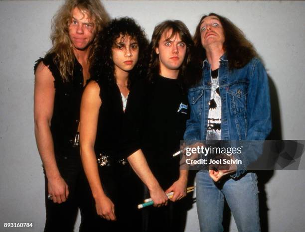March 14, 1985 - Metallica poses backstage before the band's first major headline concert appearance on March 14, 1985 at the Kabuki Theater in San...