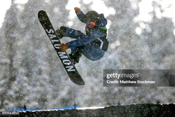 Maddie Mastro of the United States competes in Women's Pro Snowboard Superpipe Qualification during Day 2 of the Dew Tour on December 14, 2017 in...
