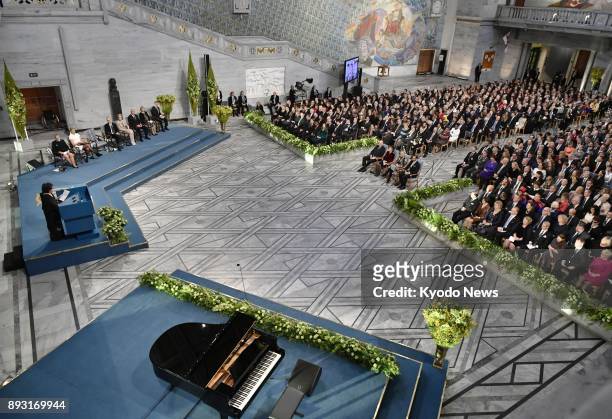 Setsuko Thurlow , a survivor of the 1945 U.S. Atomic bombing in Hiroshima, delivers a speech during the Nobel Peace Prize award ceremony in Oslo on...