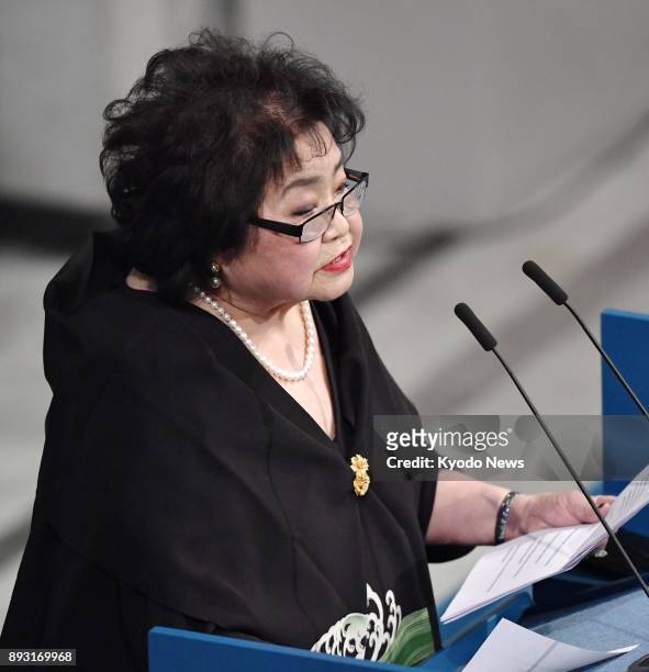 Setsuko Thurlow, a survivor of the 1945 U.S. Atomic bombing in Hiroshima, delivers a speech during the Nobel Peace Prize award ceremony in Oslo on...