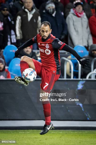 Victor Vazquez of Toronto FC kicks the ball to keep control during the 2017 Audi MLS Championship Cup match between Toronto FC and Seattle Sounders...