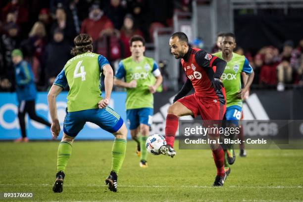 Victor Vazquez of Toronto FC kicks the ball to keep control during the 2017 Audi MLS Championship Cup match between Toronto FC and Seattle Sounders...