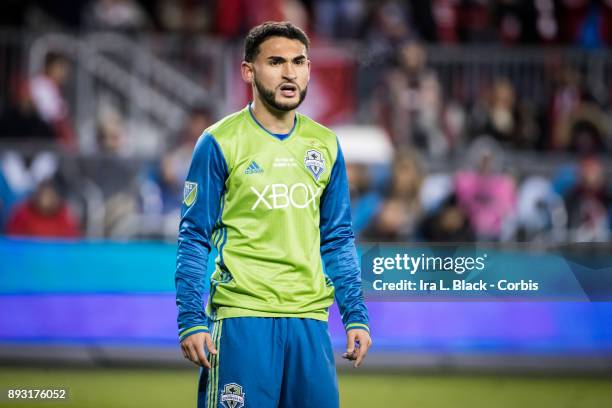 Cristian Roldan of Seattle Sounders shows his frustration during the 2017 Audi MLS Championship Cup match between Toronto FC and Seattle Sounders FC...