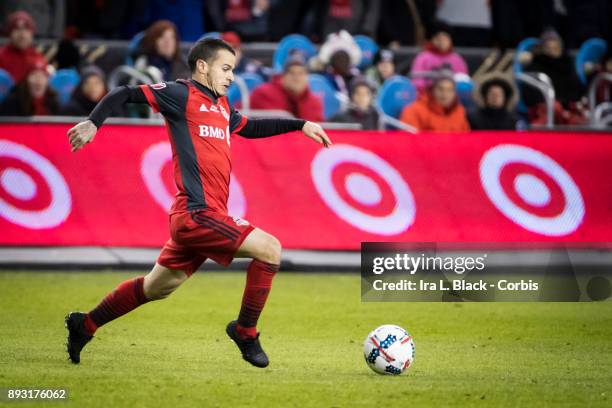 Sebastian Giovinco of Toronto FC leaps to take the ball across the pitch during the 2017 Audi MLS Championship Cup match between Toronto FC and...