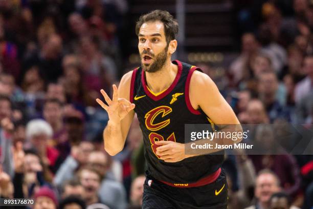 Jose Calderon of the Cleveland Cavaliers celebrates after hitting a three point shot during the first half against the Los Angeles Lakers at Quicken...