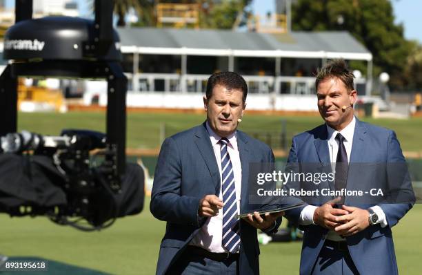 Commentators Mark Taylor and Shane Warne are seen before the start of day one of the Third Test match of the 2017/18 Ashes Series between Australia...