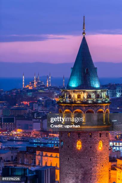 istanbul nacht - galata tower stockfoto's en -beelden