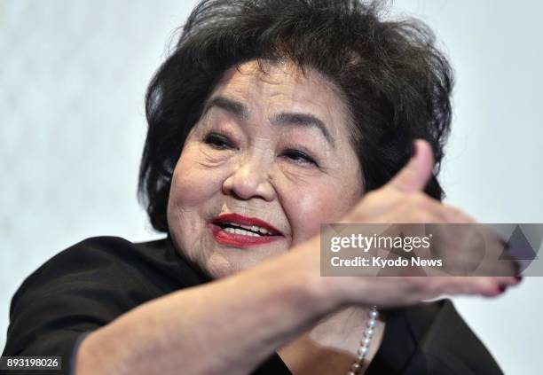 Setsuko Thurlow, a survivor of the 1945 U.S. Atomic bombing in Hiroshima, speaks during a press conference after the Nobel Peace Prize award ceremony...