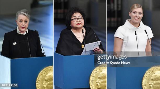 Compiled photo shows speakers at the Nobel Peace Prize award ceremony in Oslo on Dec. 10, 2017 -- Norwegian Nobel Committee chair Berit...