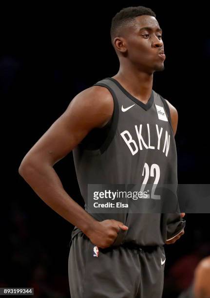 Caris LeVert of the Brooklyn Nets reacts to the loss to the New York Knicks at the Barclays Center on December 14, 2017 in the Brooklyn borough of...
