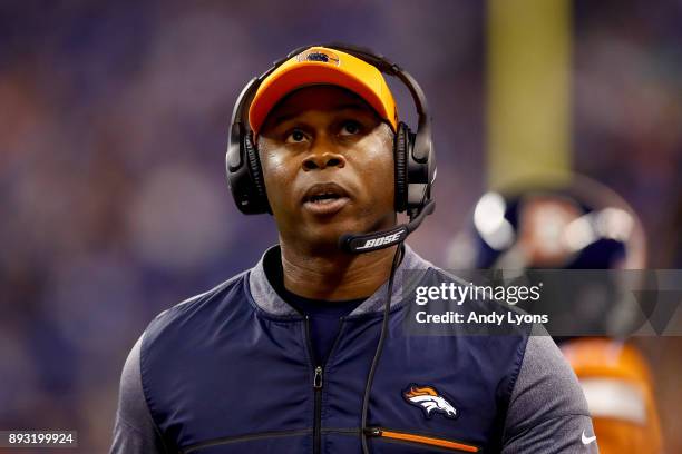 Head coach Vance Joseph of the Denver Broncos looks on against the Indianapolis Colts during the first half at Lucas Oil Stadium on December 14, 2017...