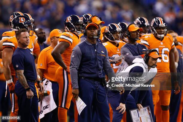 Head coach Vance Joseph of the Denver Broncos looks on against the Indianapolis Colts during the first half at Lucas Oil Stadium on December 14, 2017...