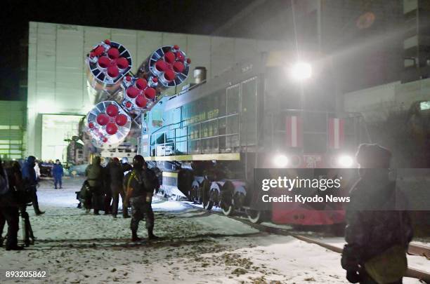 Russian Soyuz spacecraft is transported to the launch pad at the Baikonur Cosmodrome in Kazakhstan on Dec. 15, 2017. The Soyuz will be launched on...