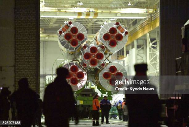 Russian Soyuz spacecraft is transported to the launch pad at the Baikonur Cosmodrome in Kazakhstan on Dec. 15, 2017. The Soyuz will be launched on...