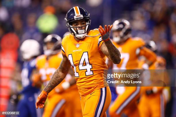 Cody Latimer of the Denver Broncos celebrates after a touchdown against the Indianapolis Colts during the second half at Lucas Oil Stadium on...