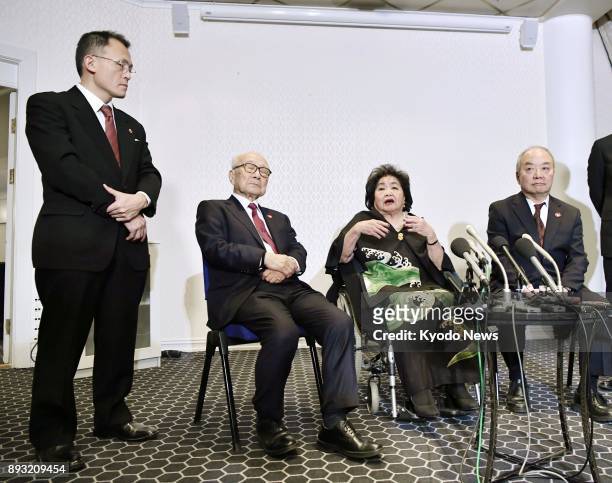 Atomic bomb survivors Toshiki Fujimori, Setsuko Thurlow and Terumi Tanaka attend a press conference alongside ICAN international steering group...