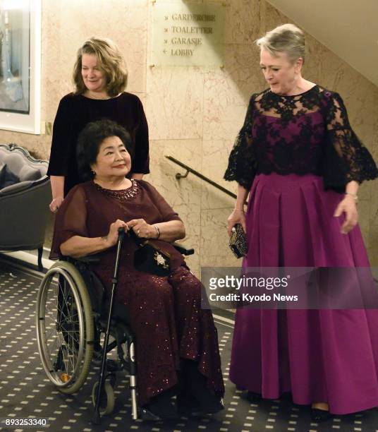 Hiroshima atomic bombing survivor Setsuko Thurlow and other guests head to the Nobel Banquet following the Nobel Peace Prize award ceremony in Oslo...