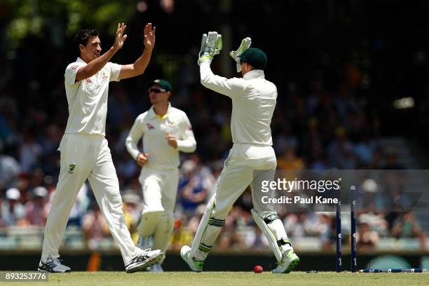 Mitchell Starc of Australia celebrates the wicket of Jonny Bairstow of England during day two of the Third Test match during the 2017/18 Ashes Series...