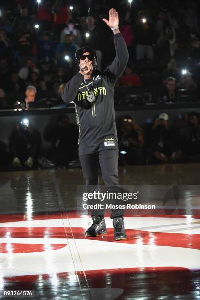 Recording Artist Jeezy performs at halftime at the Detroit Pistons vs Atlanta Hawks game at Phillips Arena on December 14, 2017 in Atlanta, Georgia.