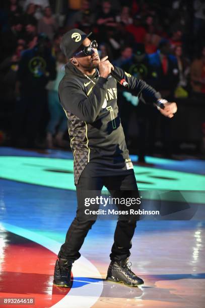 Recording Artist Jeezy performs at halftime at the Detroit Pistons vs Atlanta Hawks game at Phillips Arena on December 14, 2017 in Atlanta, Georgia.