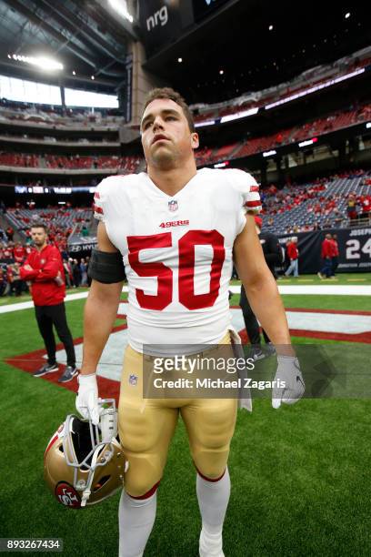 Brock Coyle of the San Francisco 49ers on the field prior to the game against the Houston Texans at NRG Stadium on December 10, 2017 in Houston,...