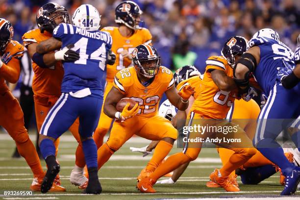 Anderson of the Denver Broncos runs with the ball against the Indianapolis Colts during the second half at Lucas Oil Stadium on December 14, 2017 in...