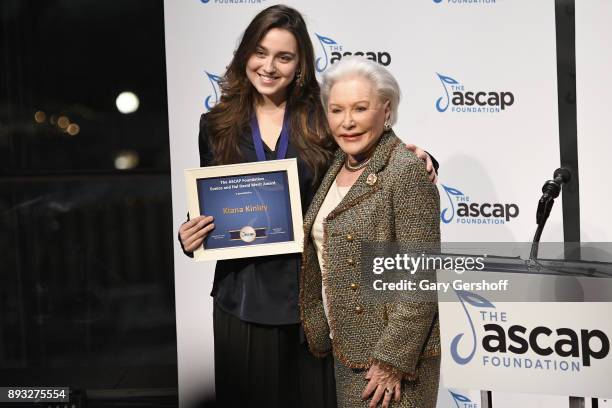 Recipient of the Euniceand Hal David Merit Award, Kiana Kinley accepts her award from Eunice David during the ASCAP Foundation Awards 2017 at Jazz at...