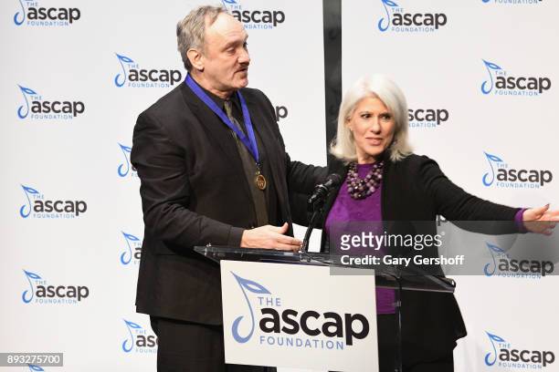 Recipient of the Jamie deRoy & friends Award, Rick Jensen accepts from Jamie DeRoy during the ASCAP Foundation Awards 2017 at Jazz at Lincoln Center...