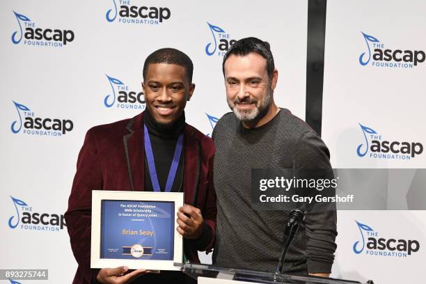 Recipient of the BMG Scholarship in Honor of Quincy Jones, Brian Seay accepts from President of BMG Music Publishing USA, Zach Katz during the ASCAP...