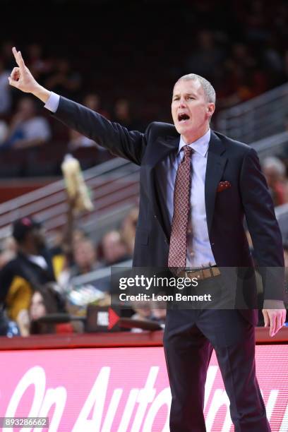 Andy Enfield Head coach of the USC Trojans directs his team against the Santa Clara Broncos during a college basketball game at Galen Center on...