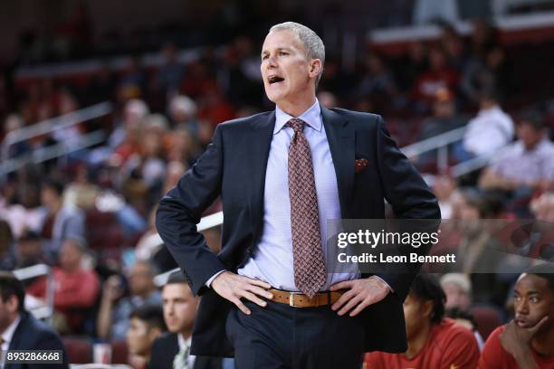 Andy Enfield Head coach of the USC Trojans directs his team against the Santa Clara Broncos during a college basketball game at Galen Center on...