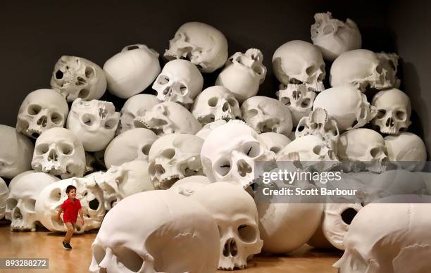 Three year old Josh Bedford runs through artist Ron Mueck's world-premiere installation 'Mass', consisting of 100 larger-than-life skulls each...