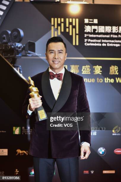 Actor Donnie Yen, winner of International Star of The Year, poses during the award ceremony for the 2nd International Film Festival & Awards Macao on...