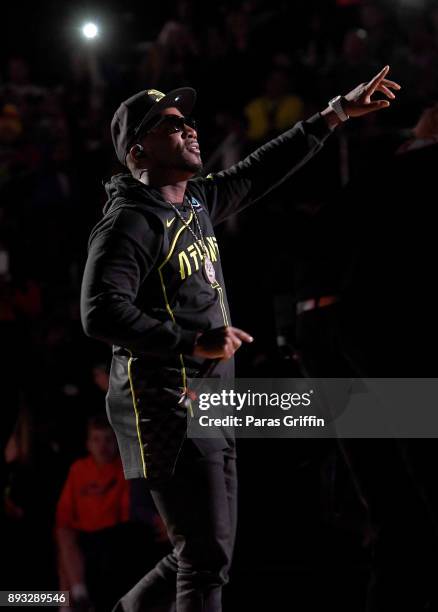 Rapper Jeezy performs at halftime during Atlanta Hawks vs Detroit Pistons game at Philips Arena on December 14, 2017 in Atlanta, Georgia.