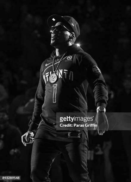 Rapper Jeezy performs at halftime during Atlanta Hawks vs Detroit Pistons game at Philips Arena on December 14, 2017 in Atlanta, Georgia.