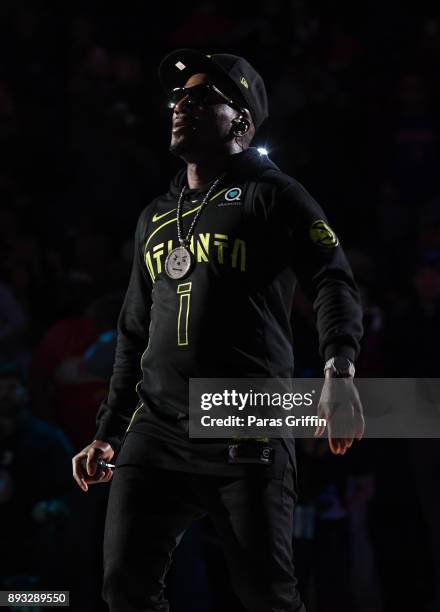 Rapper Jeezy performs at halftime during Atlanta Hawks vs Detroit Pistons game at Philips Arena on December 14, 2017 in Atlanta, Georgia.