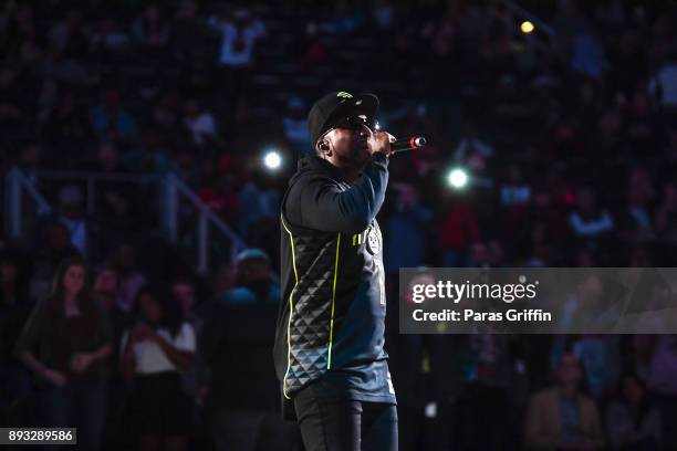 Rapper Jeezy performs at halftime during Atlanta Hawks vs Detroit Pistons game at Philips Arena on December 14, 2017 in Atlanta, Georgia.