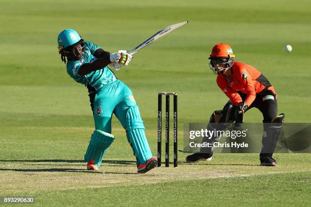 Deandra Dottin of the Heat bats during the Women's Big Bash League match between the Brisbane Heat and the Perth Scorchers at Allan Border Field on...