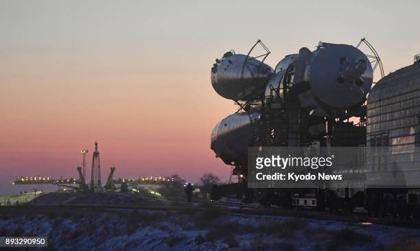 Russian Soyuz spacecraft is transported to the launch pad at the Baikonur Cosmodrome in Kazakhstan on Dec. 15, 2017. The Soyuz is due to be launched...