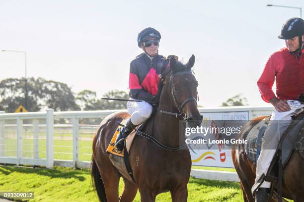 Kapara ridden by Katelyn Mallyon returns after winning the LV Express BM58 Handicap at Moe Racecourse on December 15, 2017 in Moe, Australia.