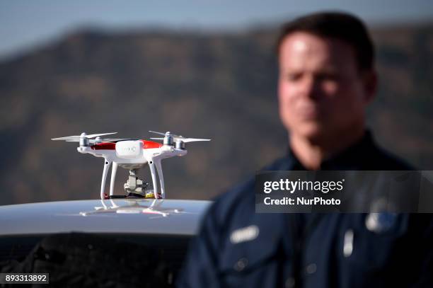 Drone is seen during a media demonstration by the Los Angeles Fire Department in Los Angeles, California on December 14, 2017. The LAFD deployed DJIs...