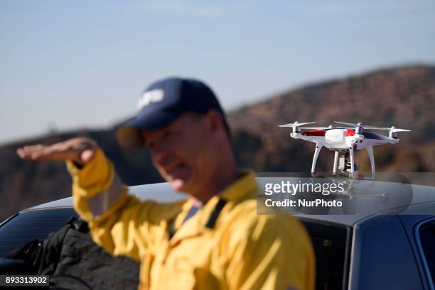 Drone is seen during a media demonstration by the Los Angeles Fire Department in Los Angeles, California on December 14, 2017. The LAFD deployed DJIs...