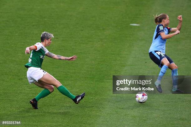 Michelle Heyman of Canberra United shoots at goal during the round eight W-League match between Sydney FC and Canberra United at Allianz Stadium on...