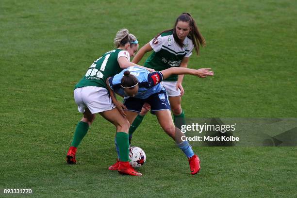 Ellie Carpenter of Canberra United and Caitlin Foord of Sydney FC compete for the ball during the round eight W-League match between Sydney FC and...