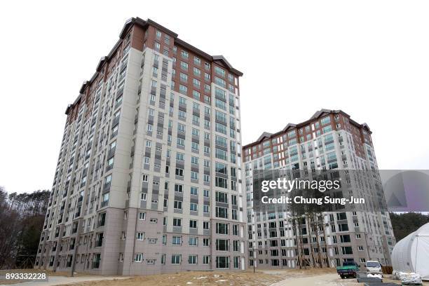 General view of the Olympic Village - Athletes Village ahead of the PyeongChang 2018 Winter Olympic Games on December 15, 2017 in Pyeongchang-gun,...